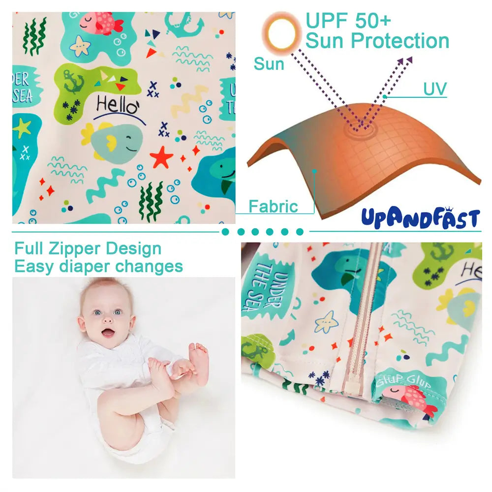 UPF 50+ Recycled Baby Girl Full Zip Swimsuit with Hat-Green Shark