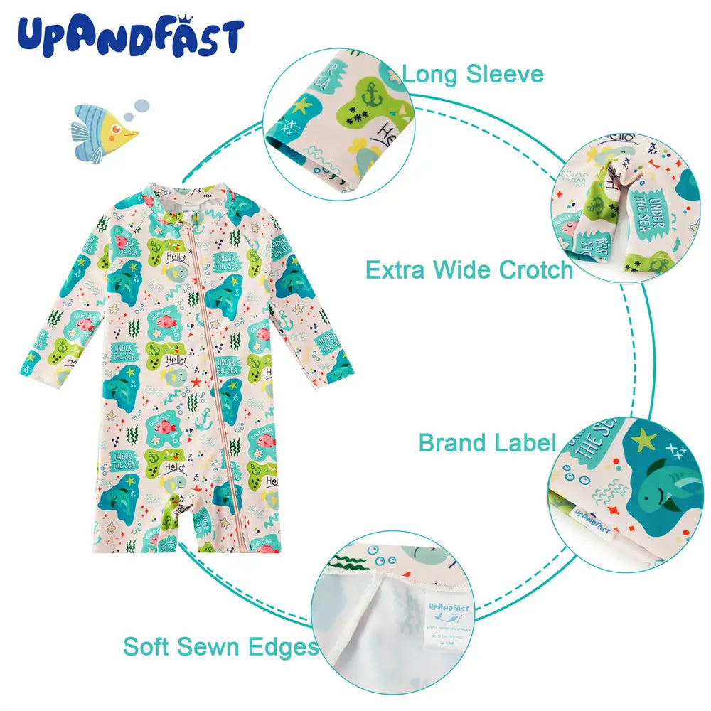 UPF 50+ Recycled Baby Girl Full Zip Swimsuit with Hat-Green Shark