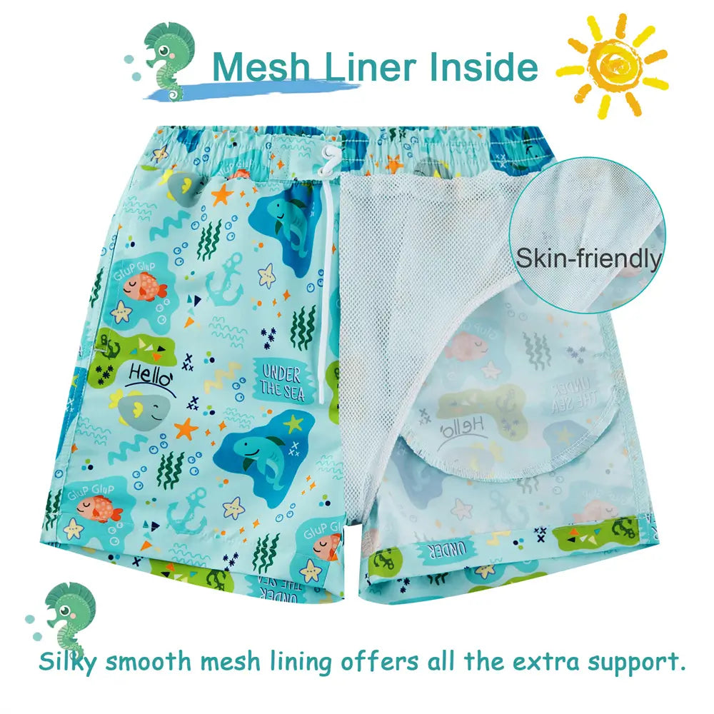 UPF 50+ Boy's Beach Shorts Boys Swim Trunks-Green Shark
