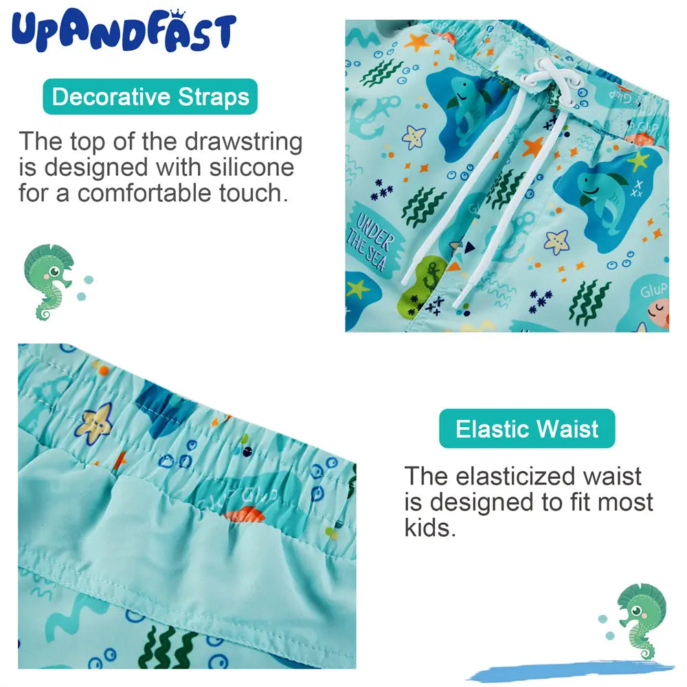 UPF 50+ Boy's Beach Shorts Boys Swim Trunks-Green Shark