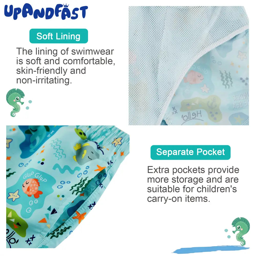 UPF 50+ Boy's Beach Shorts Boys Swim Trunks-Green Shark