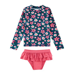 UPF 50+ Toddler Girl Rash Guard Set Sunsuit-Navy Flower