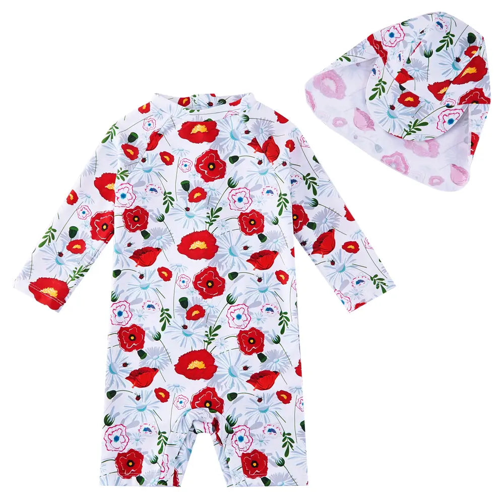 Toddler Girl Snap Swimsuit with Sun Hat UPF 50+ Swimwear-Red Flower