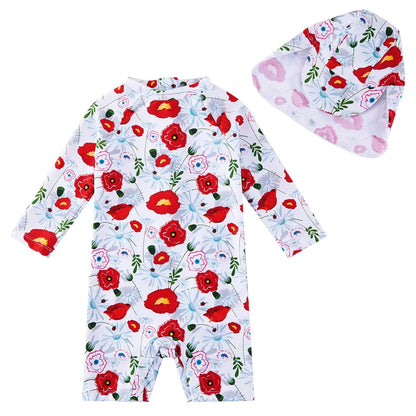 Toddler Girl Snap Swimsuit with Sun Hat UPF 50+ Swimwear-Red Flower