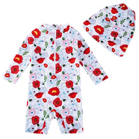 Toddler Girl Snap Swimsuit with Sun Hat UPF 50+ Swimwear-Red Flower