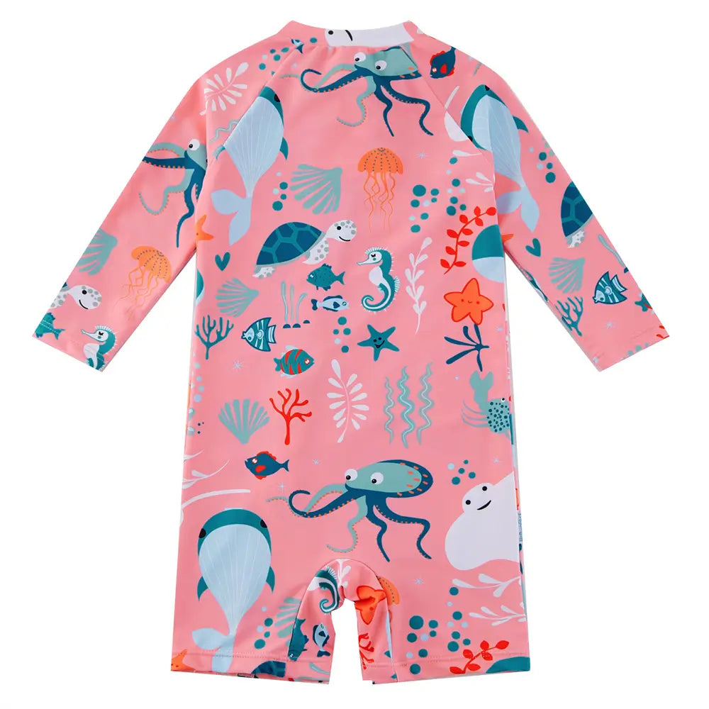 UPF 50+ Baby Girl Swimsuit Full Zipper Sunsuit-Pink Whale