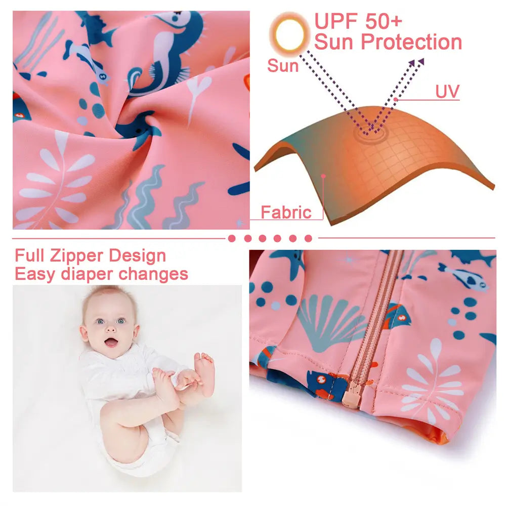 UPF 50+ Baby Girl Swimsuit Full Zipper Sunsuit-Pink Whale