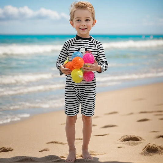 UPF 50+ Baby Boy One-Piece Swimsuit with Snap Button-Striped Bear