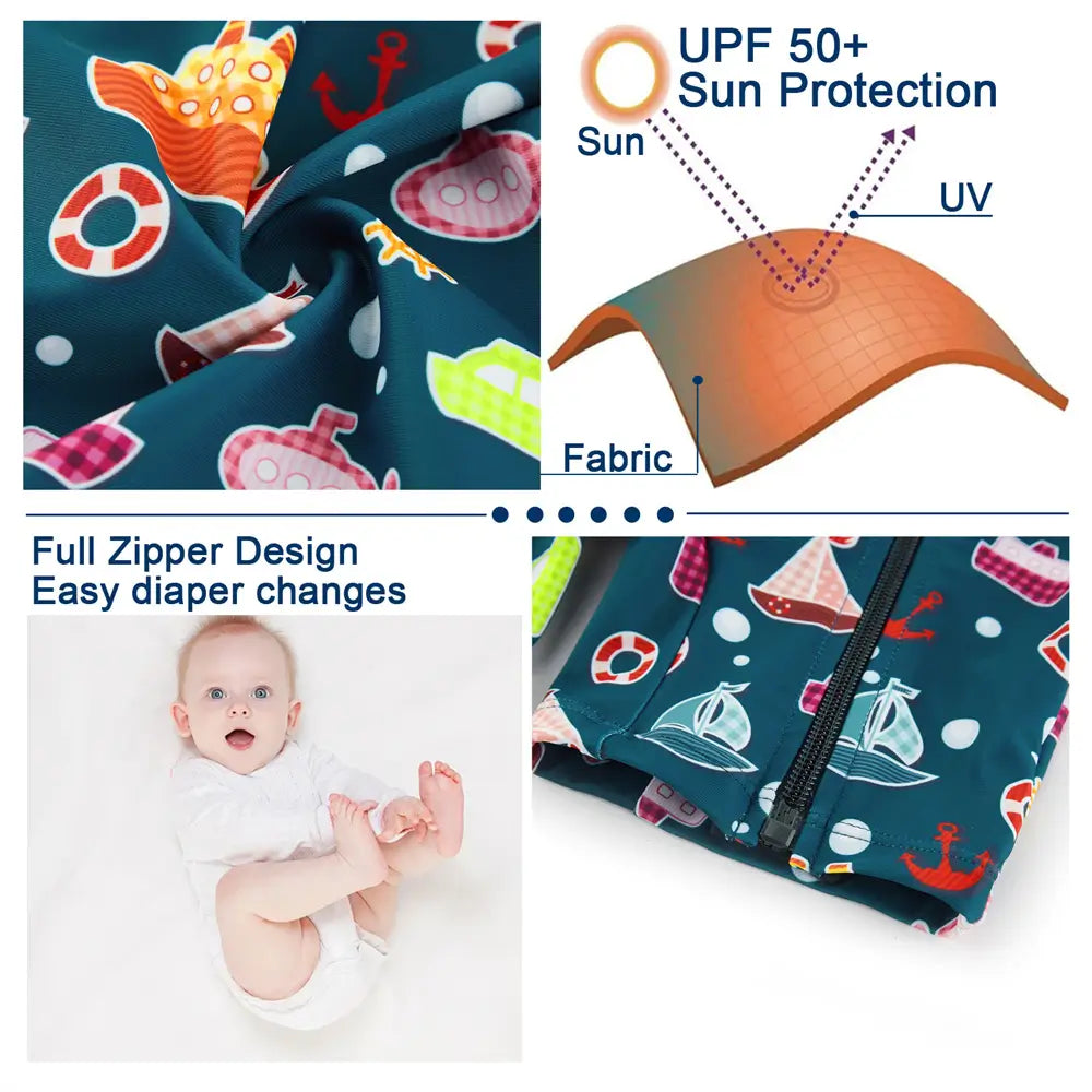 UPF 50+ Baby Boy Sunsuit Infant Full Zipper Swimsuit-Navy Boat