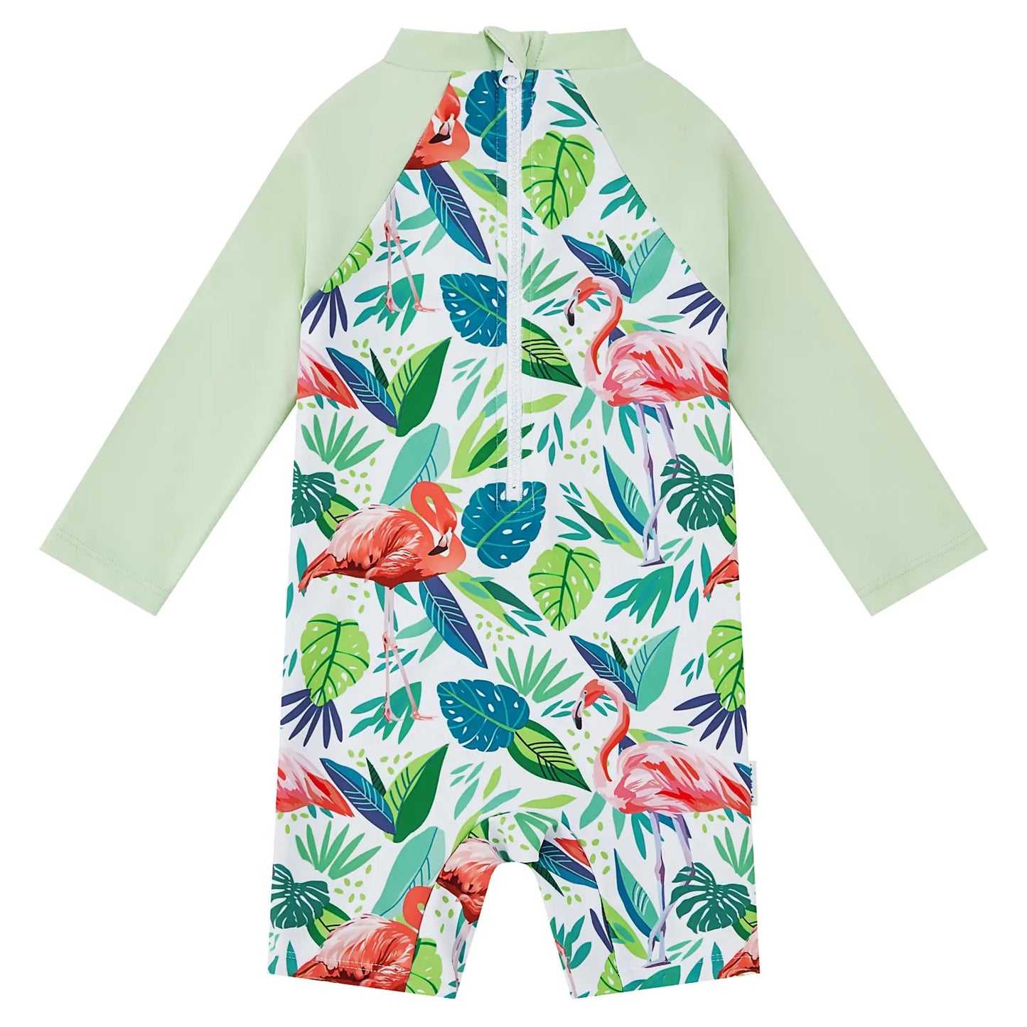 UPF 50+ Baby Boy Swimsuit with Snap-Green Flamingos
