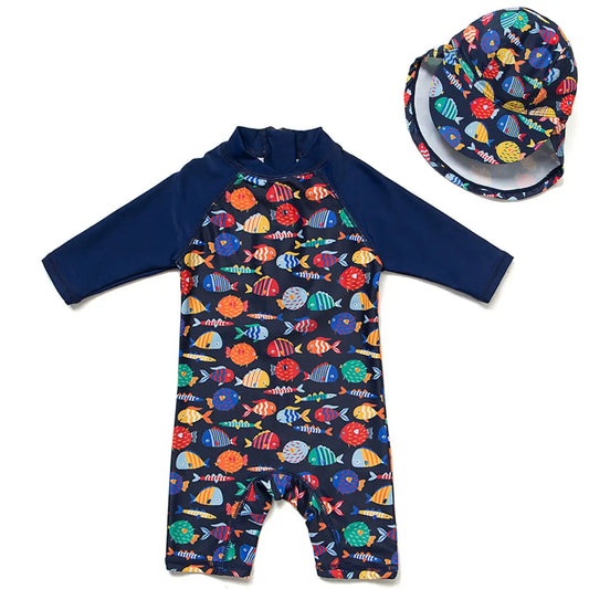 Baby Boy Swimsuit UPF 50+ Sunsuit with Sun Hat-Color Fish