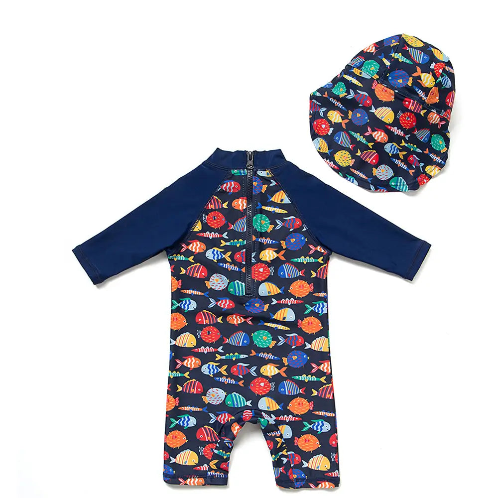 UPF 50+ Baby Boy One-piece Swimsuit with Sun Hat-Color Fish