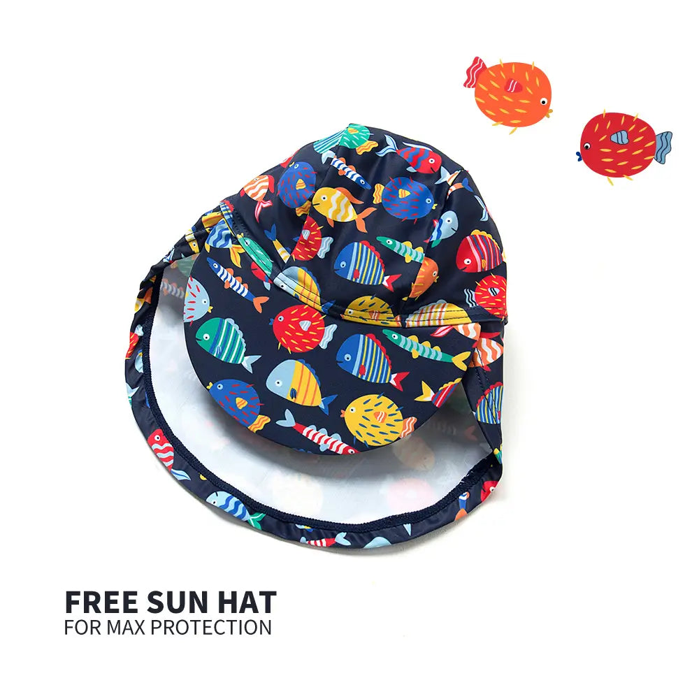 UPF 50+ Baby Boy One-piece Swimsuit with Sun Hat-Color Fish
