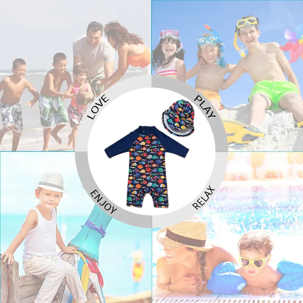 UPF 50+ Baby Boy One-piece Swimsuit with Sun Hat-Color Fish