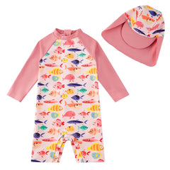 UPF 50+ Baby Girl One Piece Swimsuit with Snap Sun Hat-Many Fish