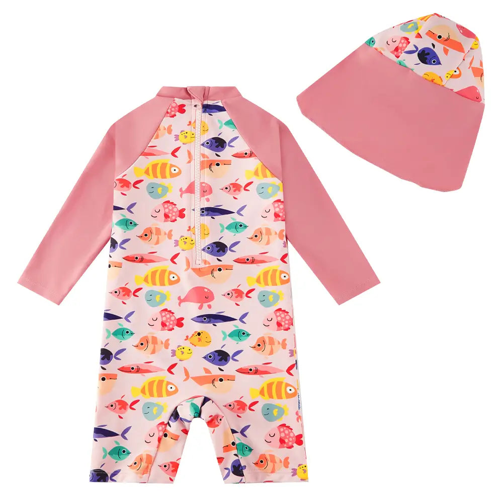 UPF 50+ Baby Girl One Piece Swimsuit with Snap Sun Hat-Many Fish
