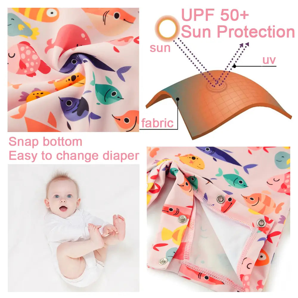 UPF 50+ Baby Girl One Piece Swimsuit with Snap Sun Hat-Many Fish