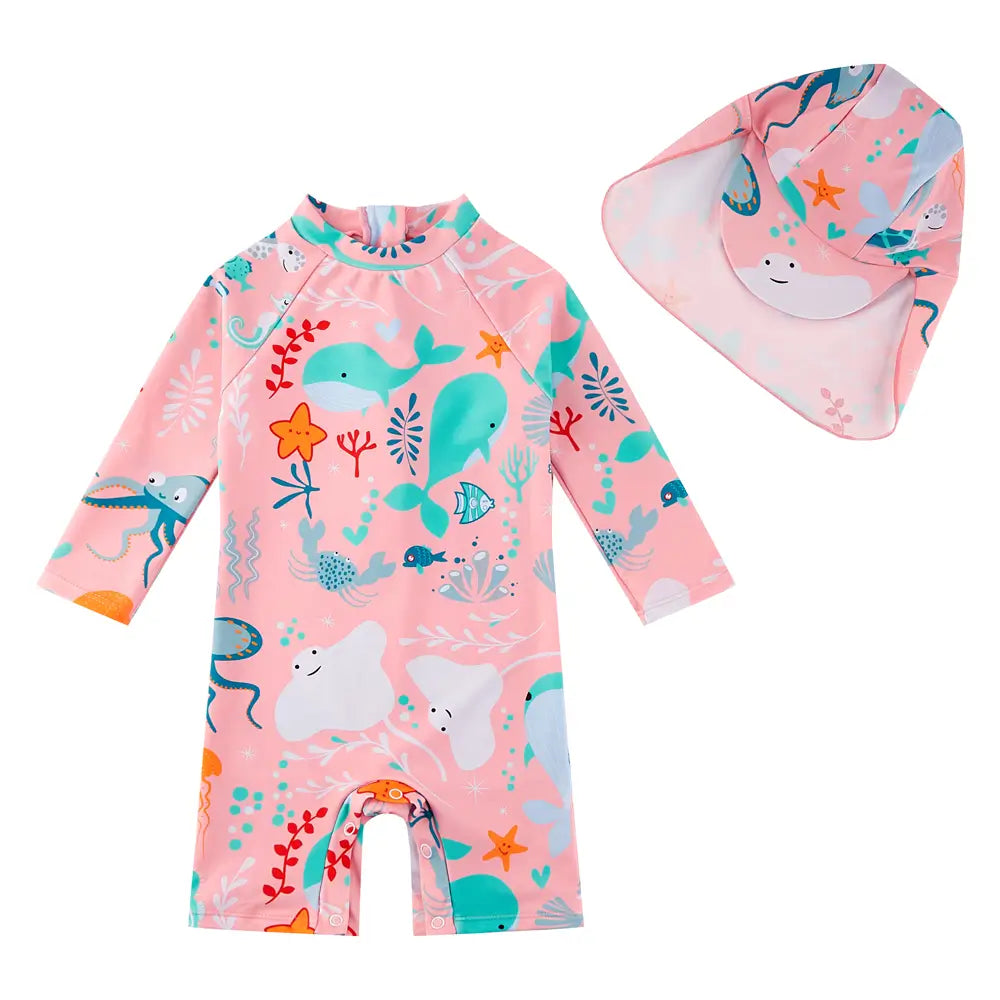 UPF 50+ Baby Girl Swimsuit with Snap & Sun Hat-Pink Whale