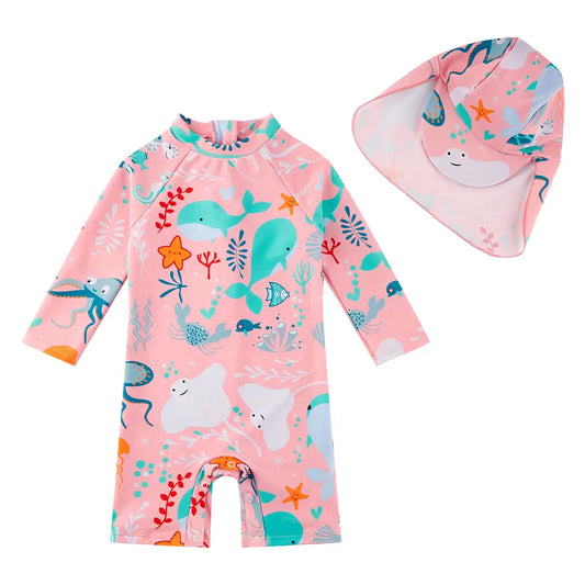 UPF 50+ Baby Girl Swimsuit with Snap & Sun Hat-Pink Whale