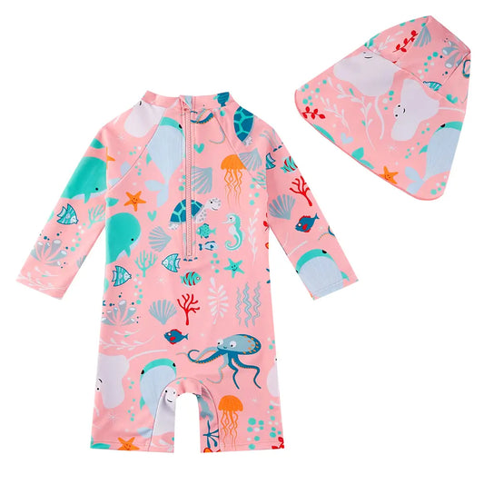 UPF 50+ Baby Girl Swimsuit with Snap & Sun Hat-Pink Whale