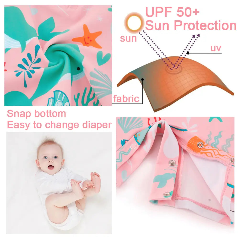 UPF 50+ Baby Girl Swimsuit with Snap & Sun Hat-Pink Whale