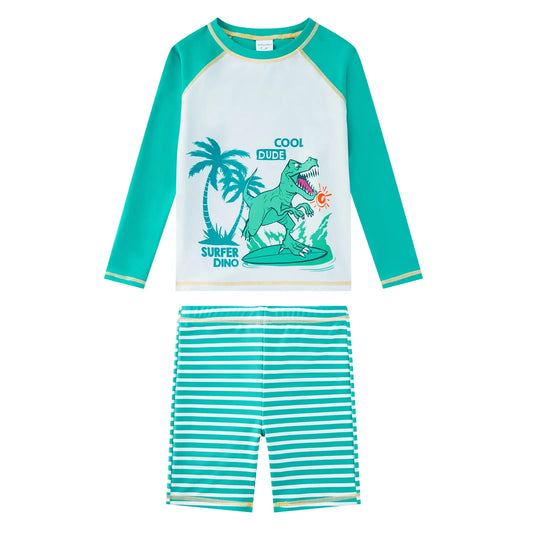 UPF 50+ Boy Rash Guard Set 2-piece Swimsuits-Green Dinosaur
