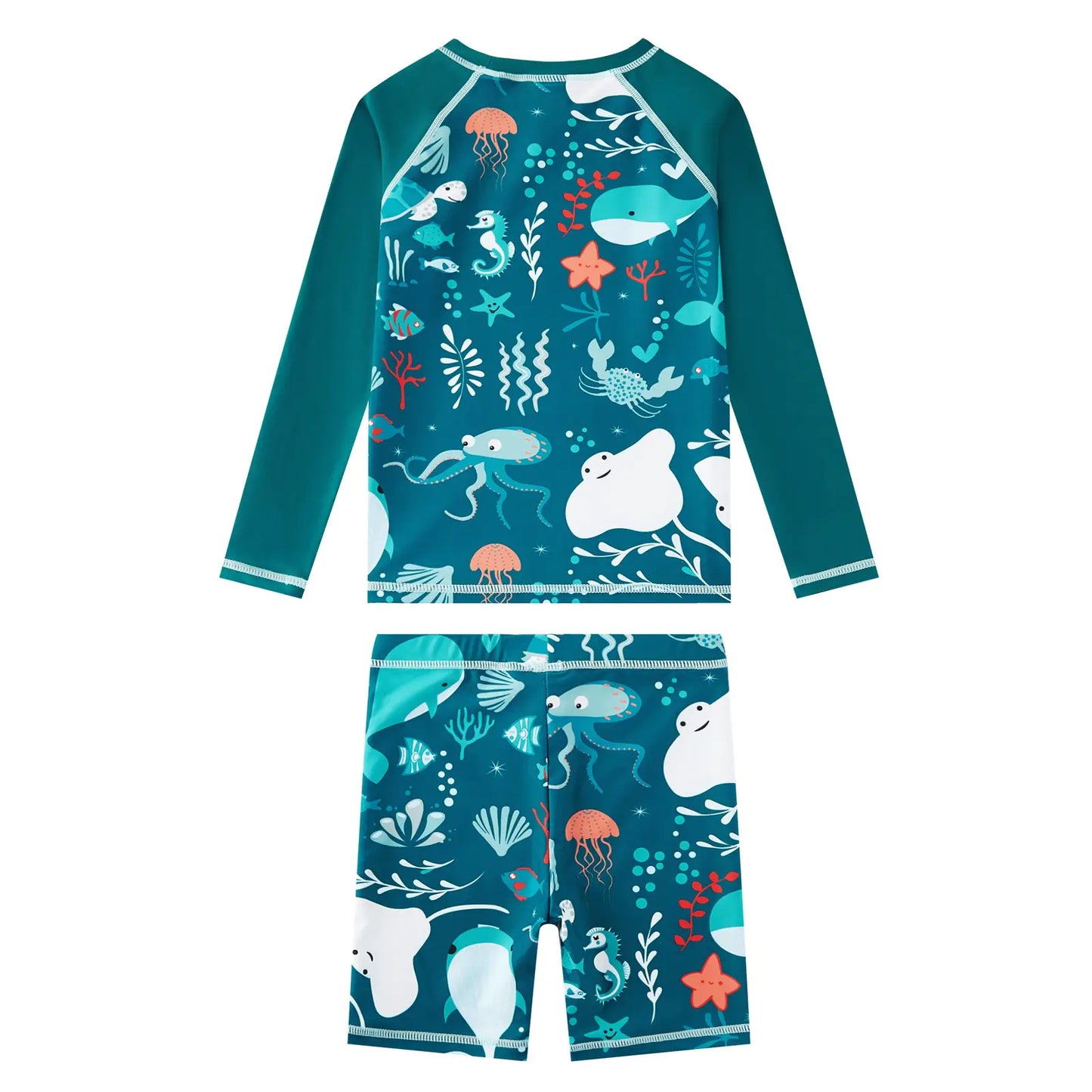 UPF 50+ Boy Swimsuit Set-Swim Top and Short 2 Piece-Green Whale