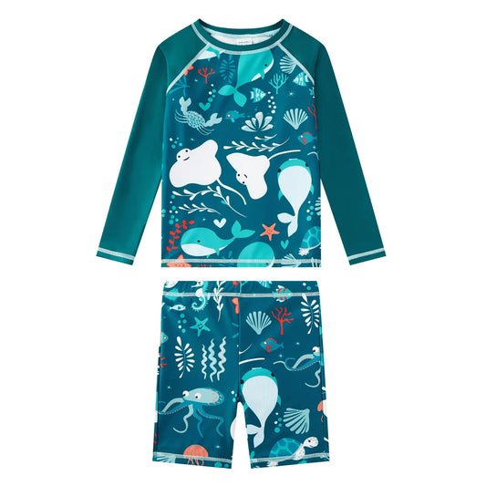 UPF 50+ Boy Swimsuit Set-Swim Top and Short 2 Piece-Green Whale