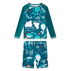 UPF 50+ Boy Swimsuit Set-Swim Top and Short 2 Piece-Green Whale