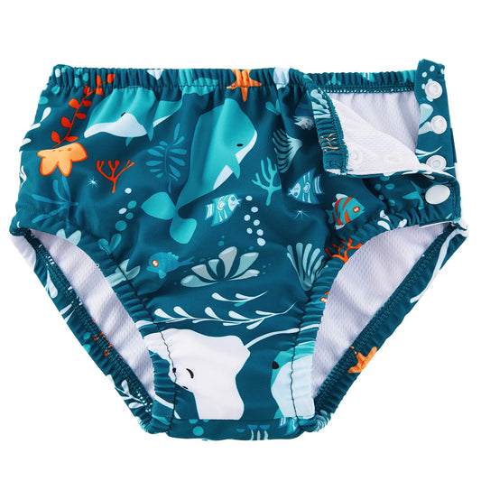 UPF 50+ Reusable Baby Swim Diaper with Snap-Green Whale