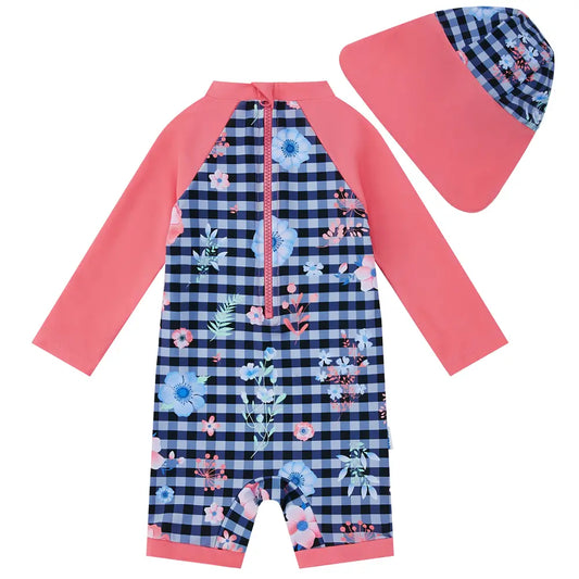 UPF 50 Swimwear Baby Girl One Piece Sunsuit with Sun Hat Snap upandfast