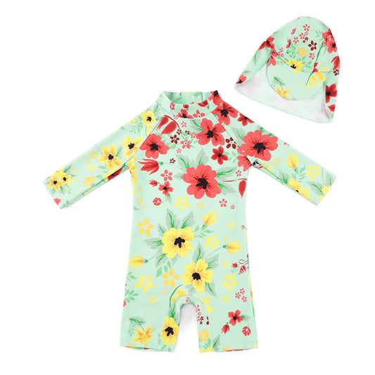Baby Girl Swimsuit One Piece Sunsuit with UPF 50+ Sun Hat-Chinese Style